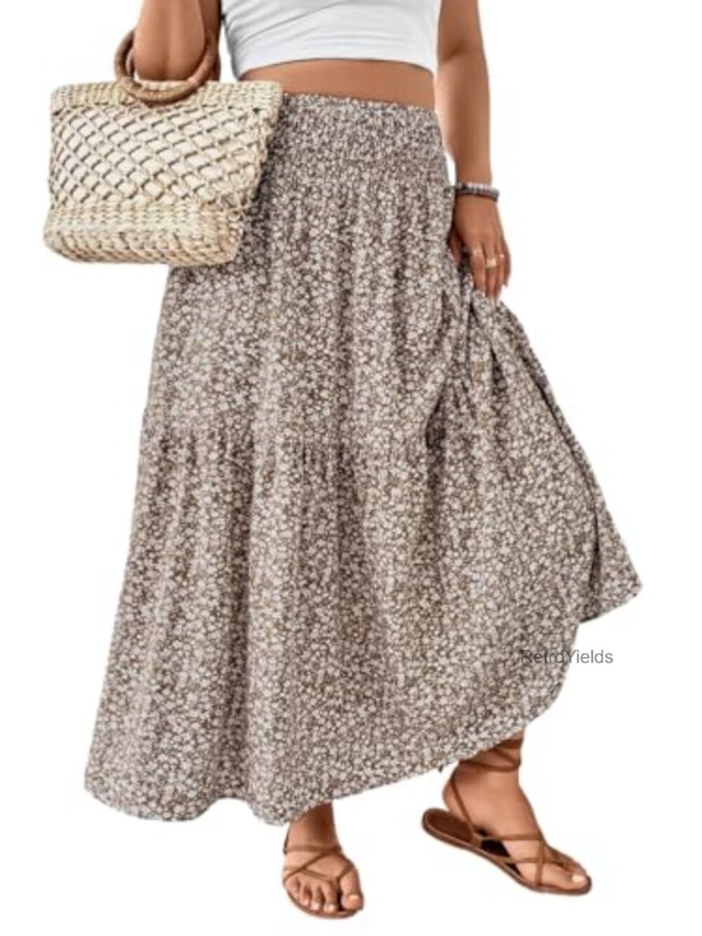 Plus Size Maxi Skirt Smocked High Waist Boho Beach A-Line with Pockets